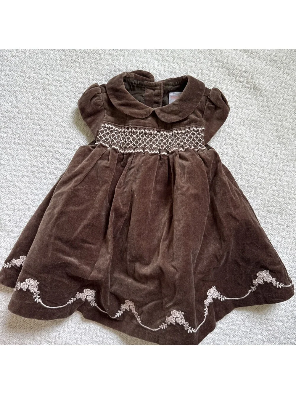 Gymboree 2009 Teddy Bear Line Smocked Embroidered Brown Dress Velvet 0-3m